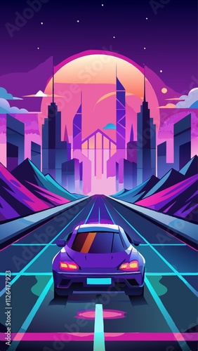 A futuristic cityscape with a car driving down a road