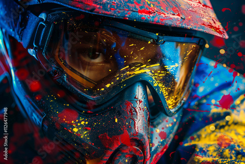 Dynamic paintball player in action with vibrant splashes of color - Generative AI artwork photo