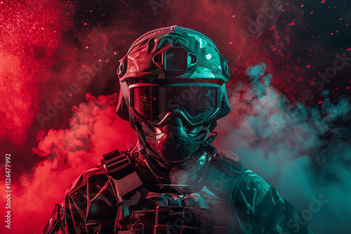 Dynamic paintball player in action with vibrant splashes of color - Generative AI artwork photo