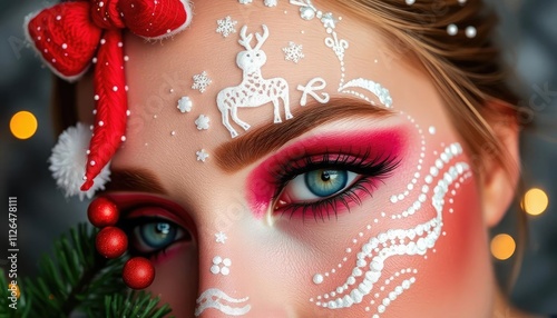 A festive makeup design featuring holiday-themed decorations on a model's face.