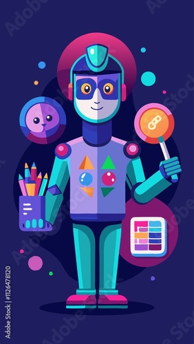 A robot is holding a pencil and a candy bar