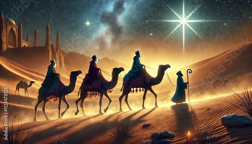 Three King's Day - Epiphany - Three Magi visiting Jesus Christ bringing Gifts riding on camels - Januari 6th - Biblical Magi, Three Wise Men - Epiphanytide - Son of God and Child - Christmas photo