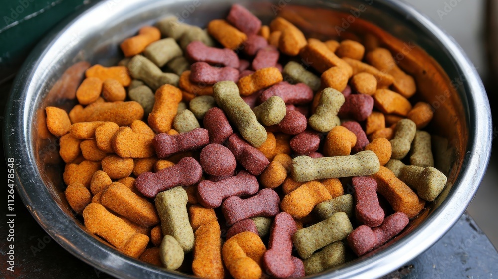 A metal bowl filled with dry pet food, symbolizing balanced nutrition. A metal bowl filled with dry pet food, symbolizing balanced nutrition.