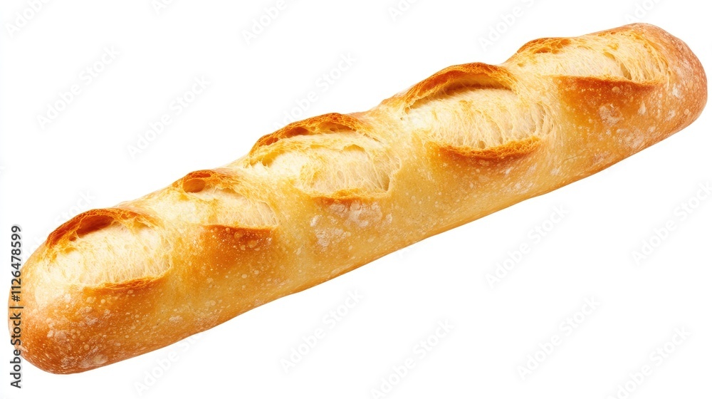 Freshly Baked Baguette Isolated on White Background with Crusty Texture and Soft Interior for Bakery and Culinary Themes Freshly Baked Baguette Isolated on White Background with Crusty Texture and Soft Interior for Bakery and Culinary Themes
