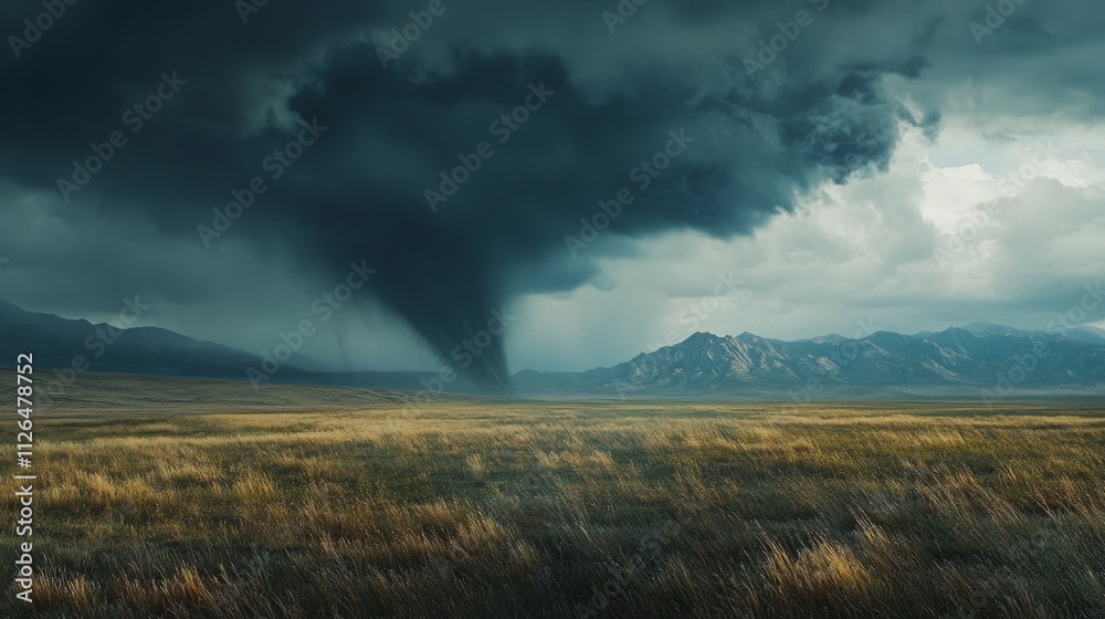 A tornado sweeping through a prairie with a distant mountain range barely visible through the storm clouds, the contrast between the mountains and the storm rendered in ultra detailed 8k resolution A tornado sweeping through a prairie with a distant mountain range barely visible through the storm clouds, the contrast between the mountains and the storm rendered in ultra detailed 8k resolution