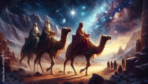 Three King's Day - Epiphany - Three Magi visiting Jesus Christ bringing Gifts riding on camels - Januari 6th - Biblical Magi, Three Wise Men - Epiphanytide - Son of God and Child - Christmas
