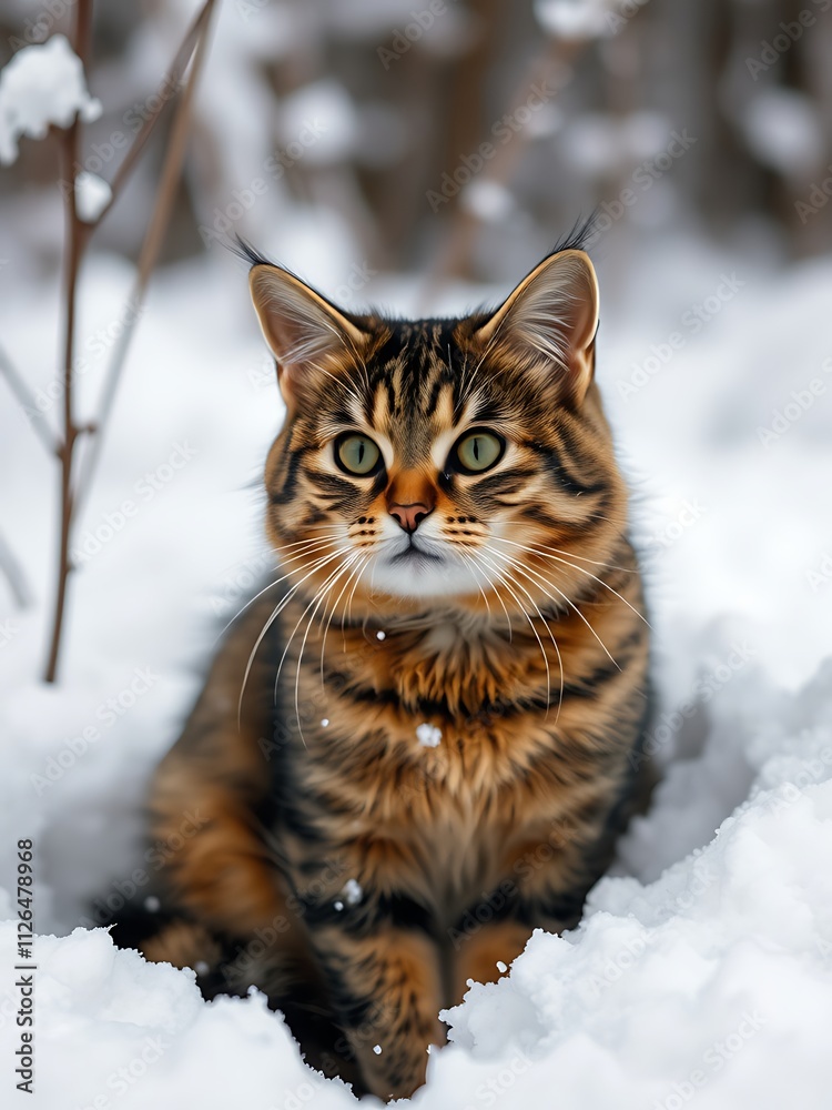 Tabby Cat Posing in a Snowy Winter Forest. AI Generated Tabby Cat Posing in a Snowy Winter Forest. AI Generated