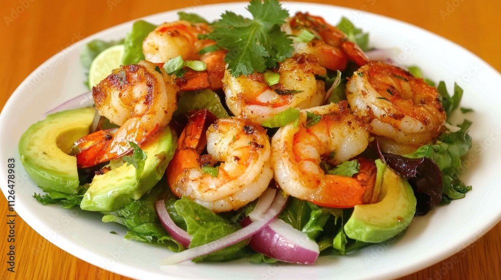 Delicious Shrimp Salad with Fresh Avocado, Greens, and Lime Garnish on a Wooden Table Delicious Shrimp Salad with Fresh Avocado, Greens, and Lime Garnish on a Wooden Table