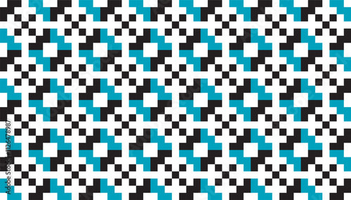 Seamless geometric pattern forming an ethnic woven combination of blue, black and white. Perfect for printing, design and textiles