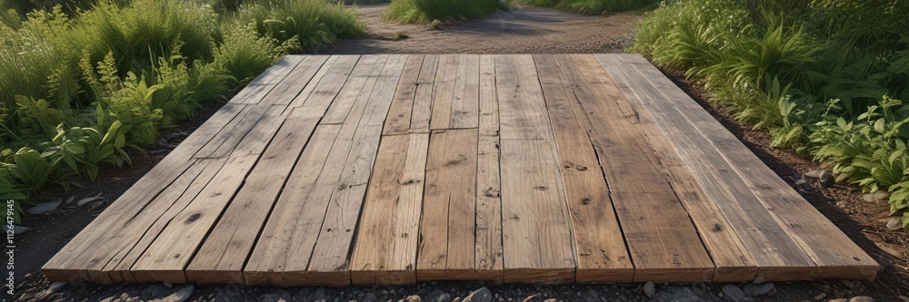 Weathered wooden planks forming a square shape on the ground surrounded by nature, nature's beauty, rural scenery, outdoor decor Weathered wooden planks forming a square shape on the ground surrounded by nature, nature's beauty, rural scenery, outdoor decor