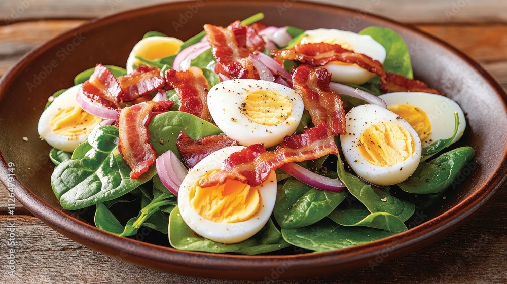 Fresh Spinach Salad with Hard-Boiled Eggs, Crispy Bacon and Red Onion on a Rustic Wooden Table Fresh Spinach Salad with Hard-Boiled Eggs, Crispy Bacon and Red Onion on a Rustic Wooden Table