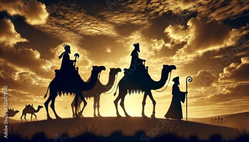 Three King's Day - Epiphany - Three Magi visiting Jesus Christ bringing Gifts riding on camels - Januari 6th - Biblical Magi, Three Wise Men - Epiphanytide - Son of God and Child - Christmas photo