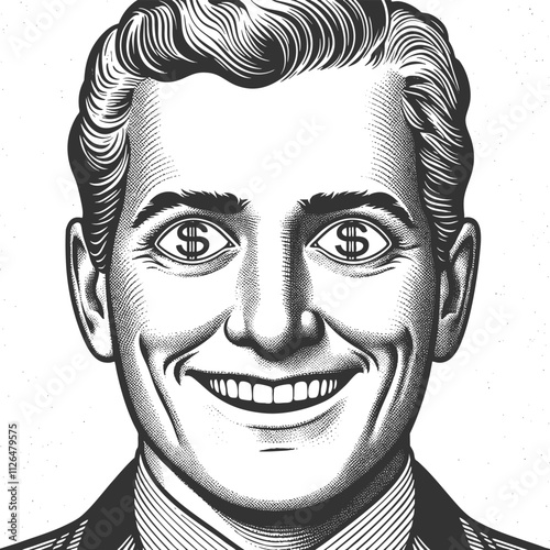 man with excited expression and dollar signs in his eyes, symbolizing greed or financial ambition sketch engraving generative ai vector illustration. Scratch board imitation. Black and white image.