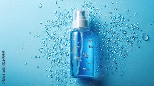 Transparent spray bottle with water droplets on blue surface