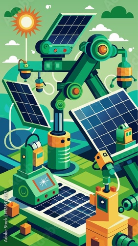A cartoonish drawing of a solar panel factory with robots and solar panels
