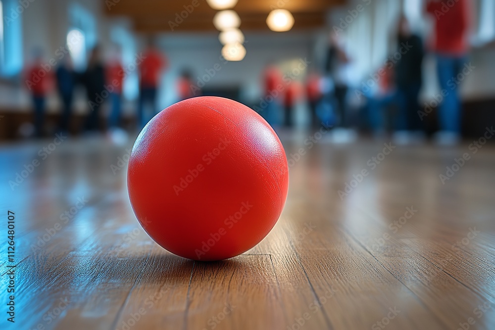On a wooden floor, a red dodgeball with blurred players. Generative Ai On a wooden floor, a red dodgeball with blurred players. Generative Ai