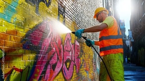 Worker in Safety Gear Cleaning Colorful Graffiti Off Wall with Pressure Washer in Urban Environment at Sunset, Bright Colors Reflecting in Art, Street Art Scene photo