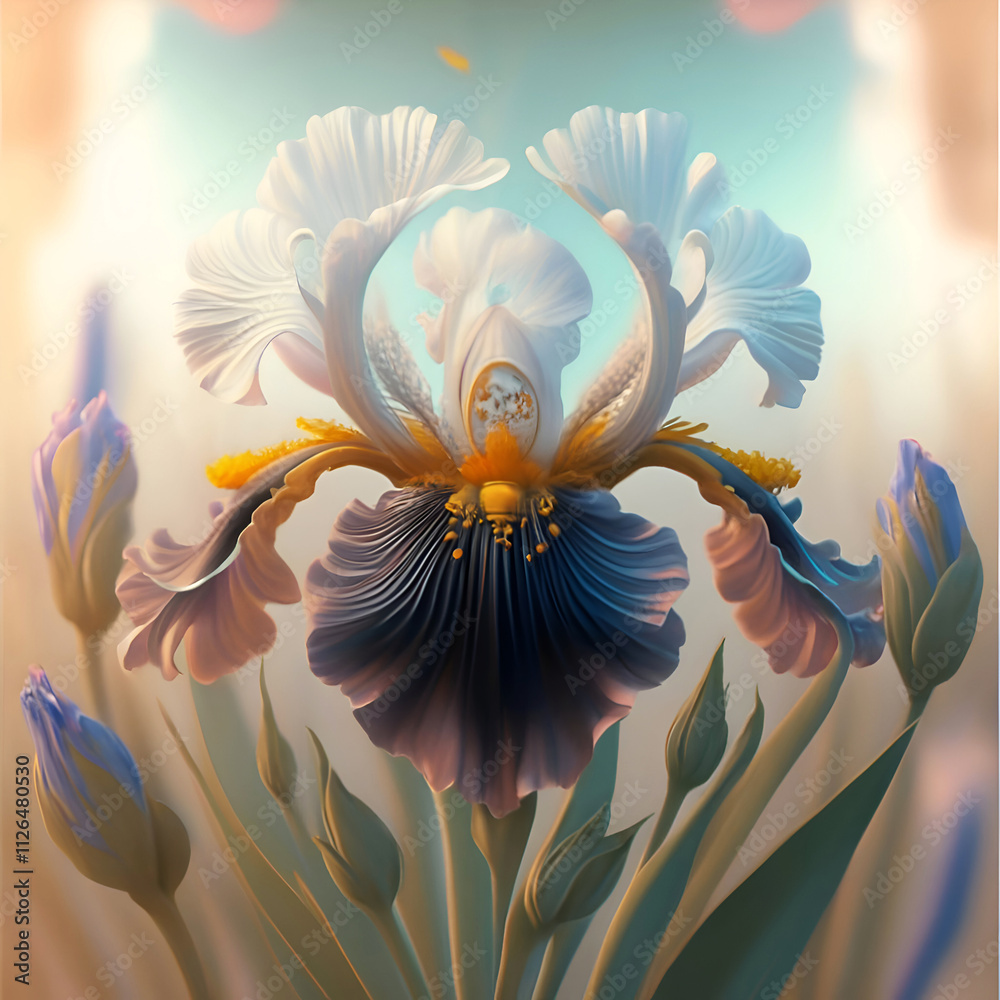 beautiful art blue-white iris flower against soft pale background. Digital artwork. close up. paint style. Ai genarated