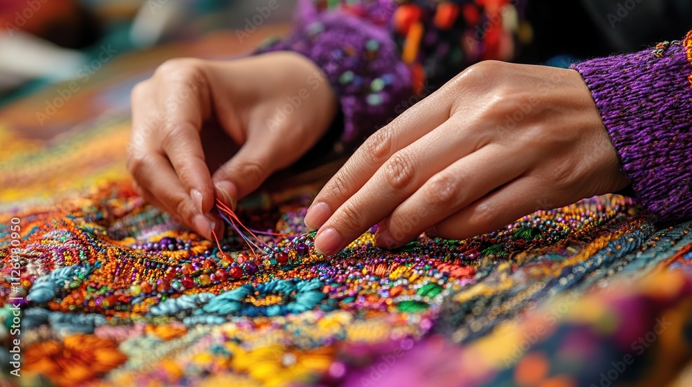 A close-up of hands arranging colorful beads and threads into a beautiful pattern on a fabric surface, representing the creative process of design. A close-up of hands arranging colorful beads and threads into a beautiful pattern on a fabric surface, representing the creative process of design.