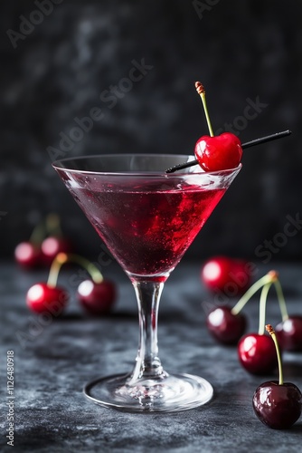 Wallpaper Mural moody cherry martini in a tall martini glass  A single cherry on a sleek black pick rests delicately on the rim, dim, dramatic lighting creates a mysterious and ultra-trendy vibe Torontodigital.ca