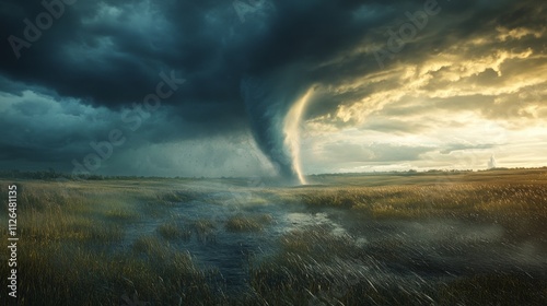 A tornado sweeping through a prairie with a distant windmill spinning wildly in the wind, the windmill's blades barely holding on photo