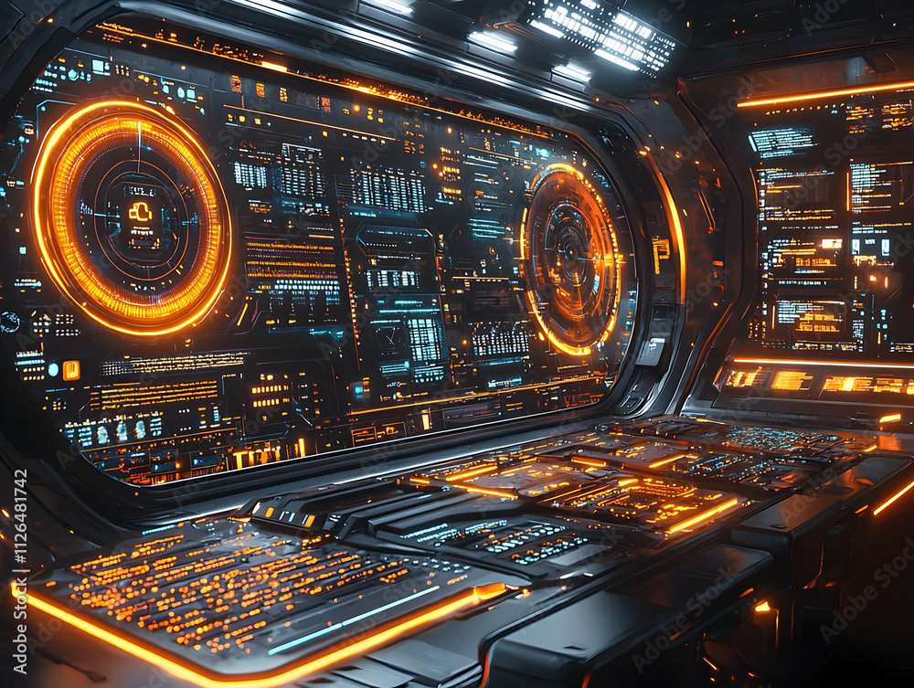 Futuristic Spaceship Control Panel Glows Brightly Futuristic Spaceship Control Panel Glows Brightly