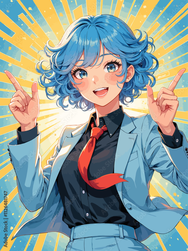 llustrationretro anime style illustration, a blue haired roll-hair anime girl wearing light blue suit and black dressshirt (18) llustrationretro anime style illustration, a blue haired roll-hair anime girl wearing light blue suit and black dressshirt (18)