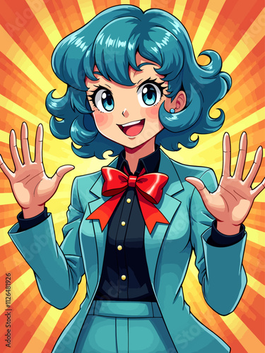 llustrationretro anime style illustration, a blue haired roll-hair anime girl wearing light blue suit and black dressshirt (18)