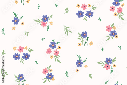 Seamless floral pattern, liberty ditsy print of mini plants in summer country motif. Cute botanical design with small hand drawn flowers, leaves, simple tiny bouquets on white. Vector illustration.
