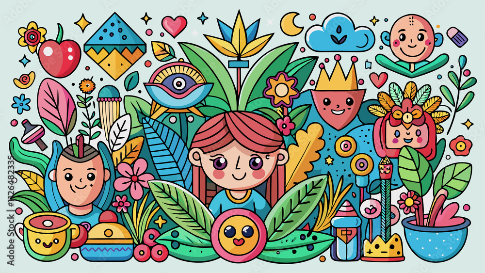 Fototapeta premium Playful Doodle with Nature Element Illustration