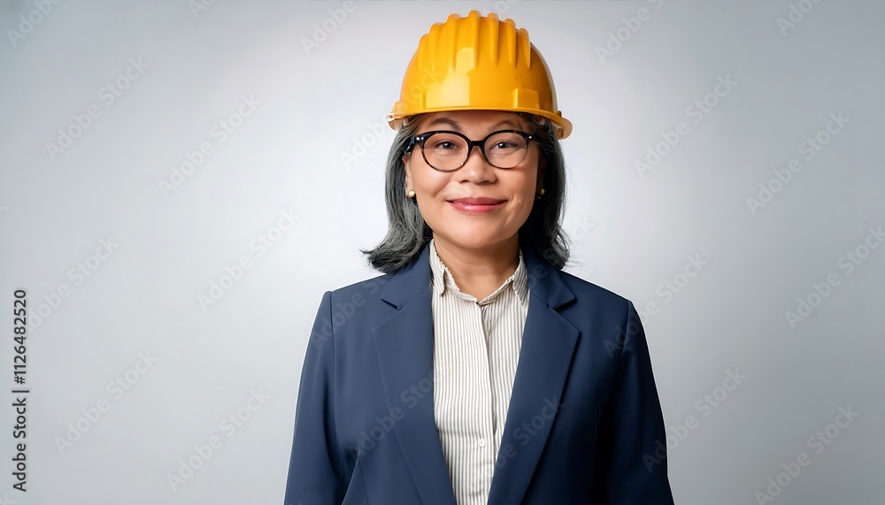 Smiling female architect in hardhat confidently leads construction team Smiling female architect in hardhat confidently leads construction team