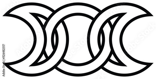 Three intertwined moon: minimalist design with three intertwined crescent moons, symbol of spirituality, life cycles, triune goddess in wiccan tradition. Graphic design element. Vector illustration.