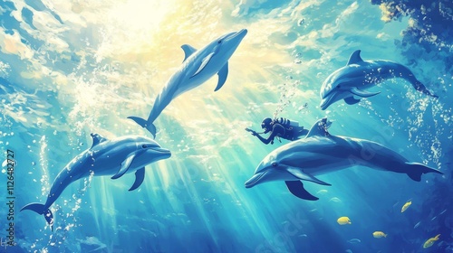 Underwater dolphins diver blue ocean, captivating marine life sunlit waters, vibrant aquatic wildlife, serene underwater scene