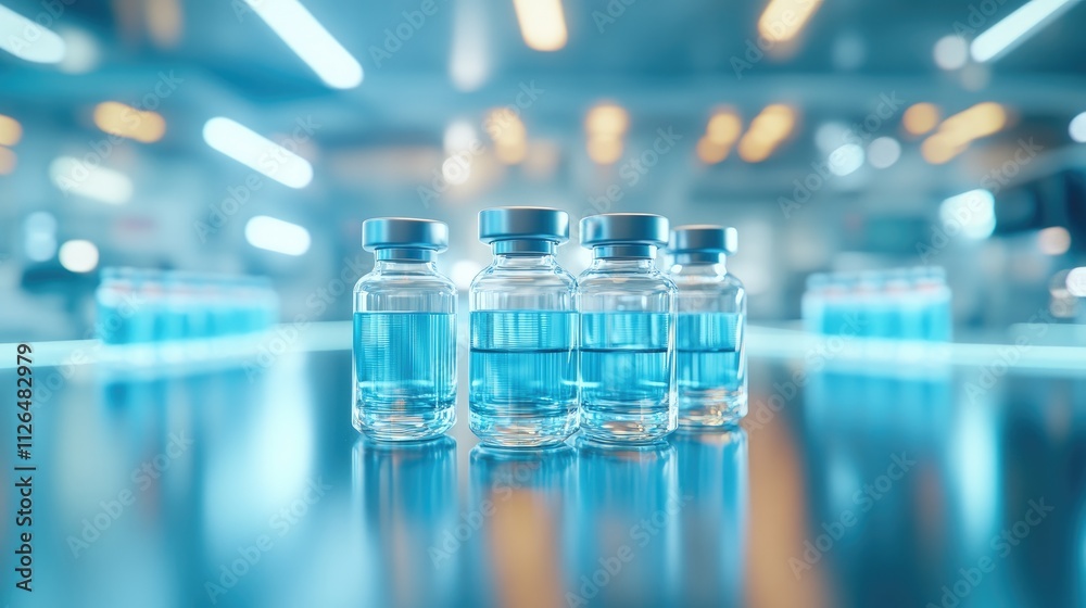 Clear glass vials with blue liquid in laboratory setting showcasing pharmaceutical production and vaccine development process Clear glass vials with blue liquid in laboratory setting showcasing pharmaceutical production and vaccine development process