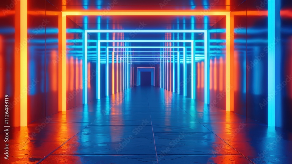 A futuristic, abstract corridor with blue and orange neon lights A futuristic, abstract corridor with blue and orange neon lights