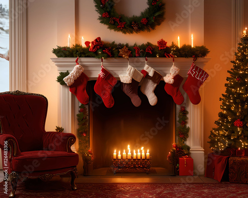 Vintage-inspired room with a decorated fireplace, glowing candles, Christmas stockings, and an antique armchair Generative AI photo