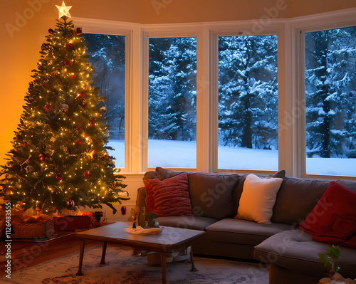 Cozy sunroom with glowing Christmas lights, soft seating, decorated tree, and large windows showing snowy landscape Generative AI photo