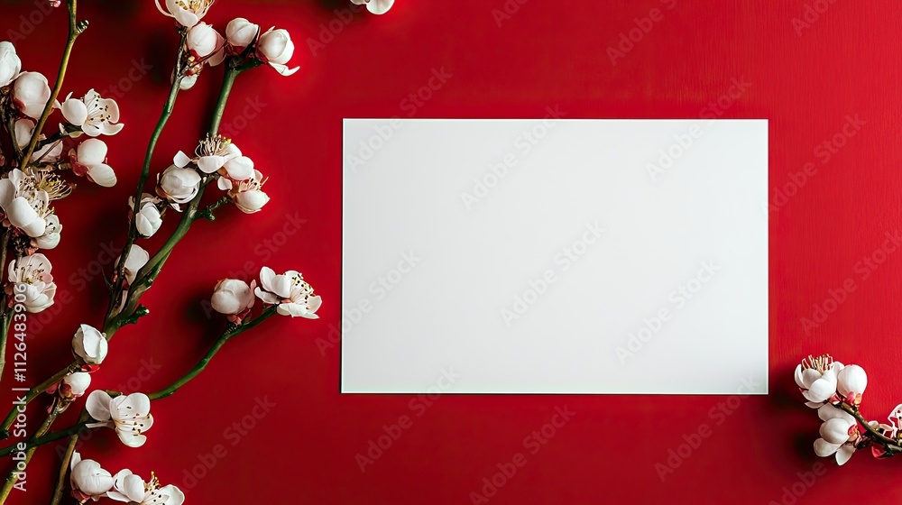 White Blank Card with Delicate White Blossom Branches on Red Background