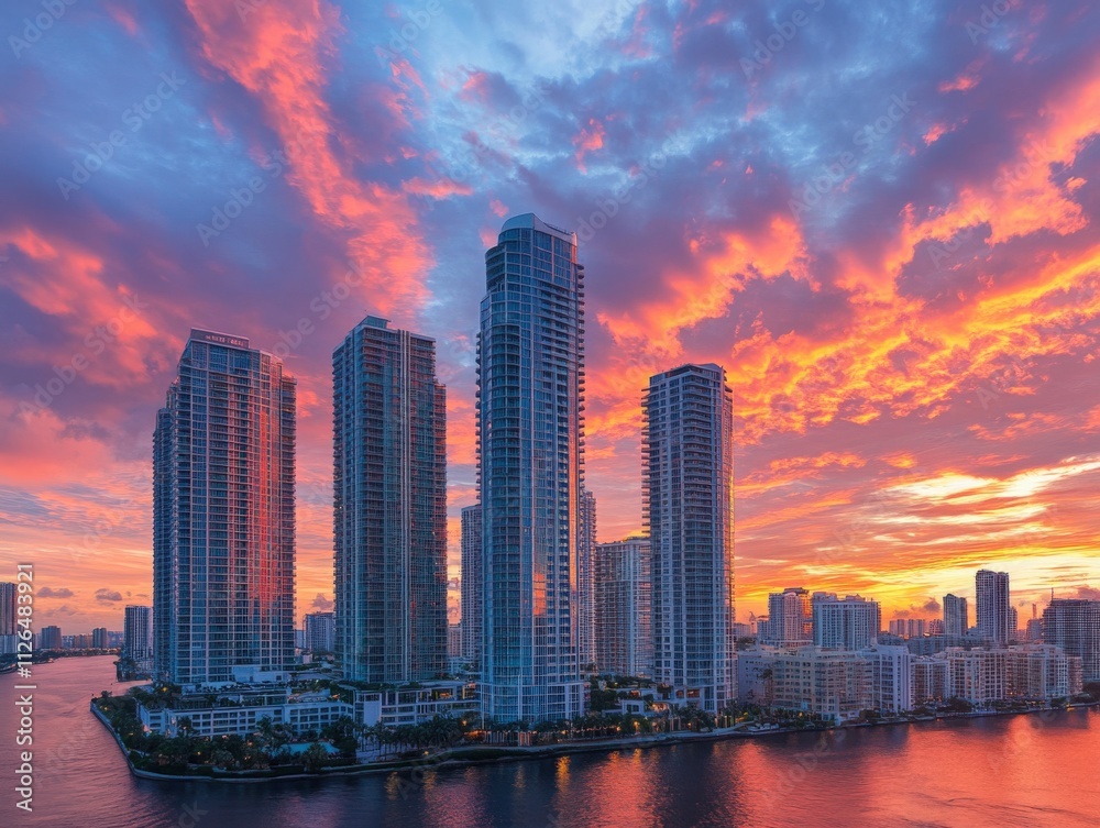 Obraz premium stunning skyline at sunset with vibrant clouds and reflections