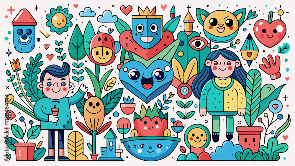 Naklejka premium Playful Doodle with Nature Element Illustration