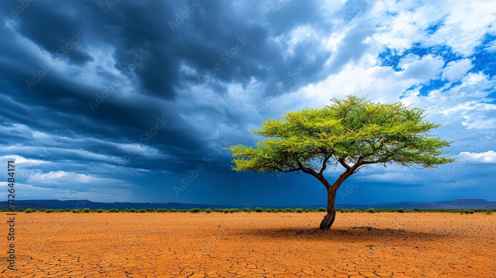 Fototapeta premium Nature's resiliencelone tree in arid landscape under dramatic stormy sky desert environment wide-angle viewpoint survival theme