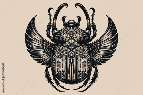 Vintage black and white Egyptian scarab beetle illustration in tattoo style