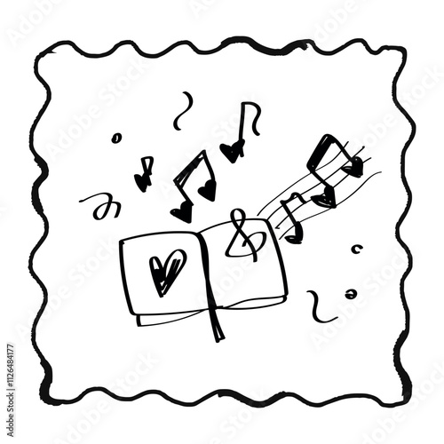 Modern poster placard or clip art with a valentine's day theme. Valentine doodle card illustration with music book, childlike naive vector art style