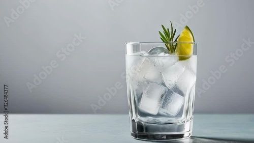 a glass with a sparkling gin and tonic with ice garnished with lime and rosemary. Copy space area alcoholic beverages and cocktails