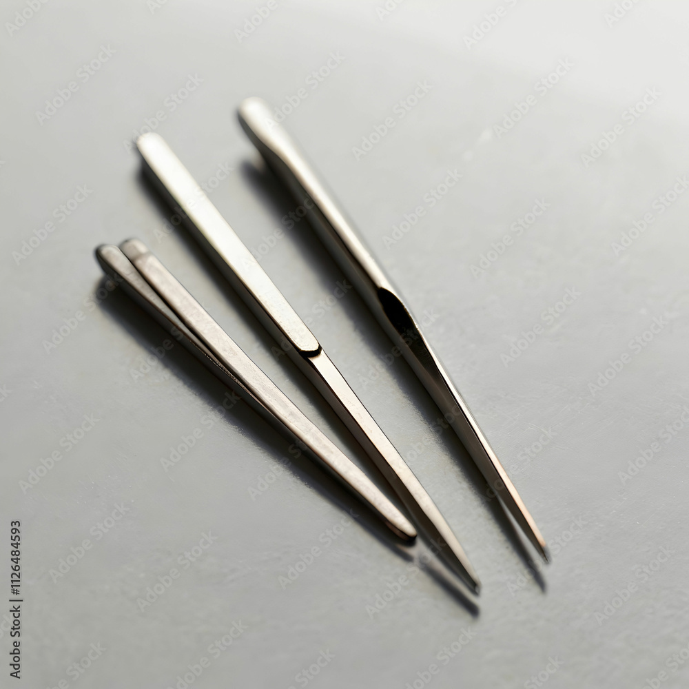 A pair of metal tweezers with sharp tips, A pair of metal tweezers with sharp tips,