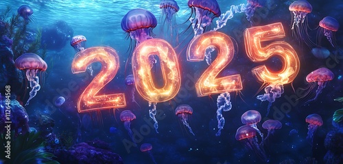 A dreamy scene of glowing jellyfish in an underwater world spelling 2025in their trails photo