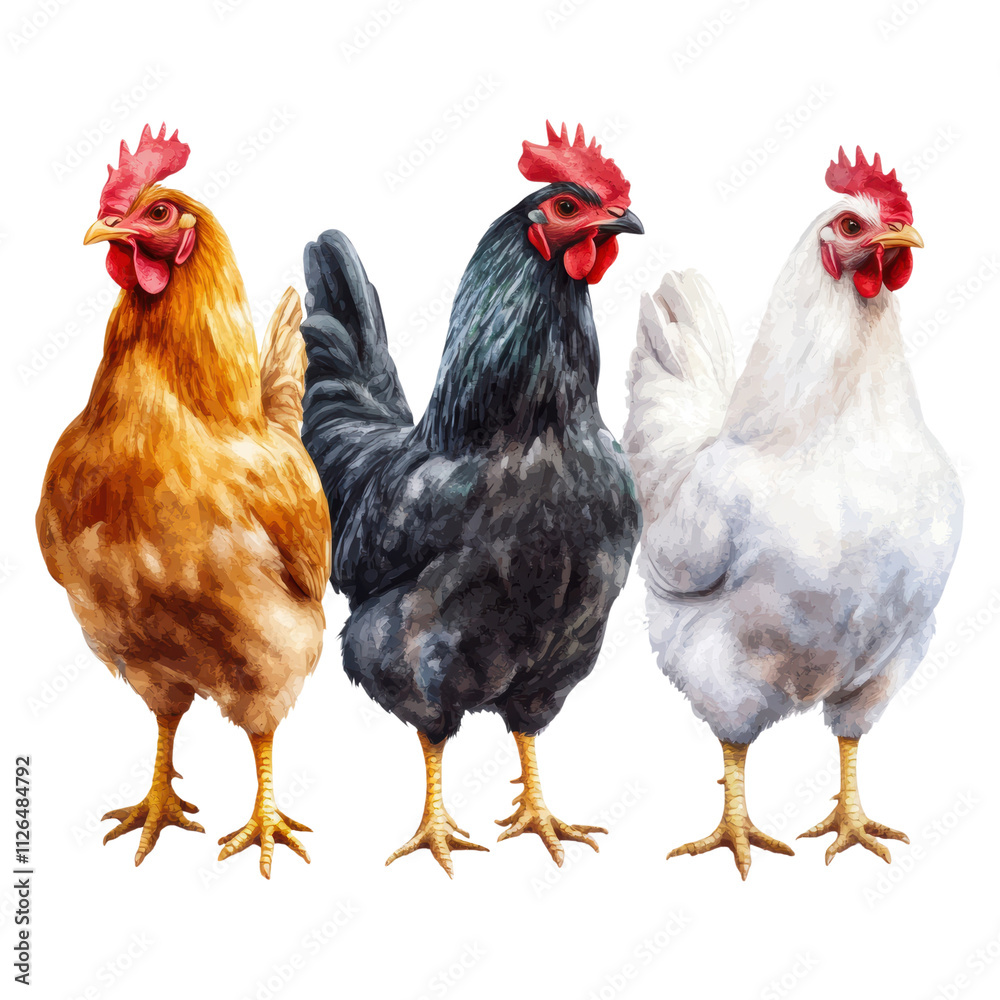 Naklejka premium A vibrant display of three distinct chickens featuring different feather colors and textures, showcasing their unique characteristics.