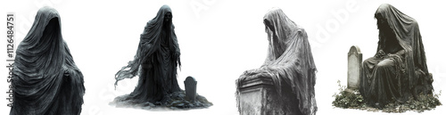 cloaked mournful statues in various poses surrounded by graves transparent background
