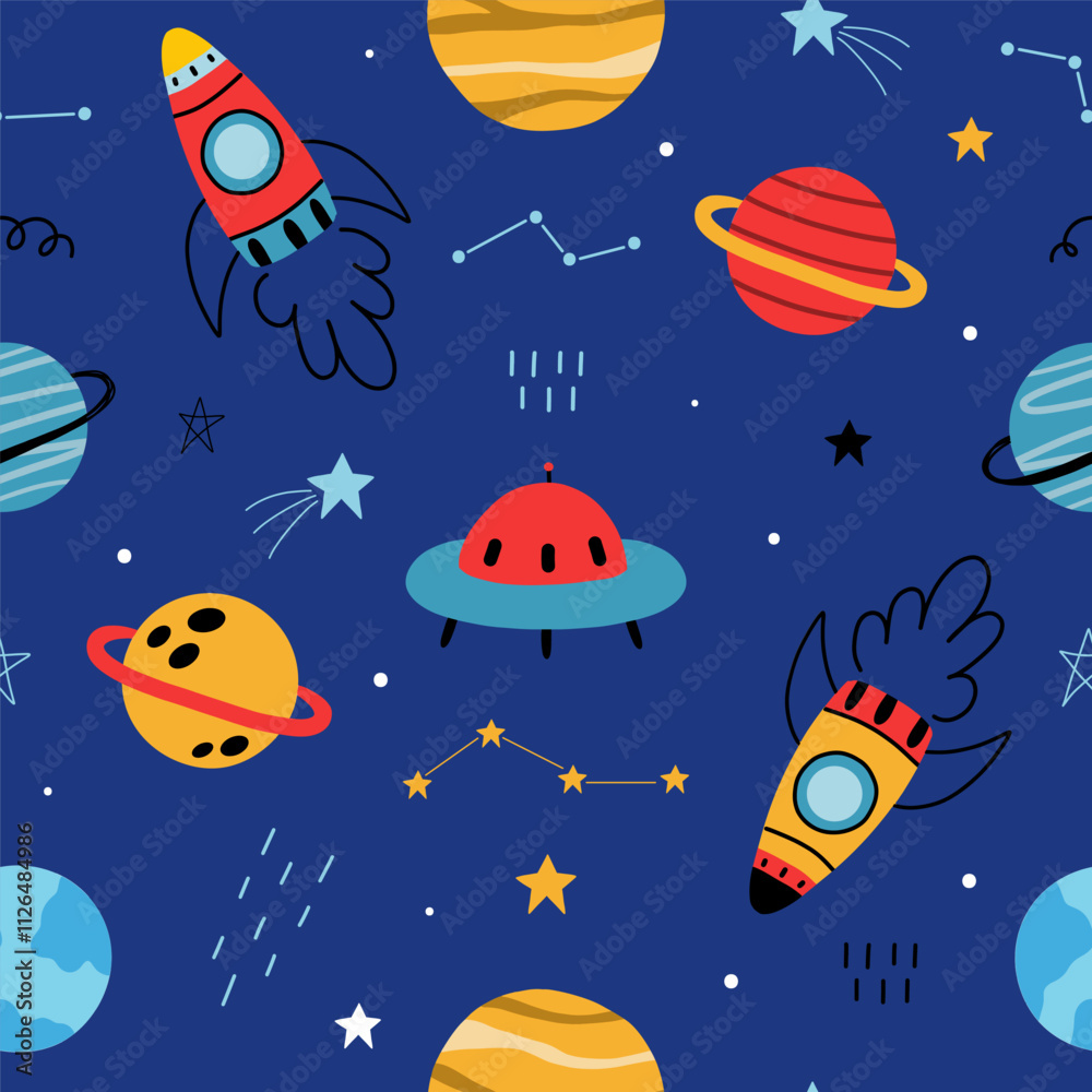 Seamless pattern with cute planets, stars, ufo, earth, constellations, rockets, space, saturn on dark blue background. Creative kids texture for fabric, prints, wallpaper, decorations, textiles. Seamless pattern with cute planets, stars, ufo, earth, constellations, rockets, space, saturn on dark blue background. Creative kids texture for fabric, prints, wallpaper, decorations, textiles.