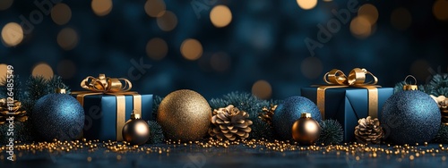 Christmas gift boxes with ornaments and decorations on dark blue background with bokeh. magical atmosphere, New Year's celebration. banner 